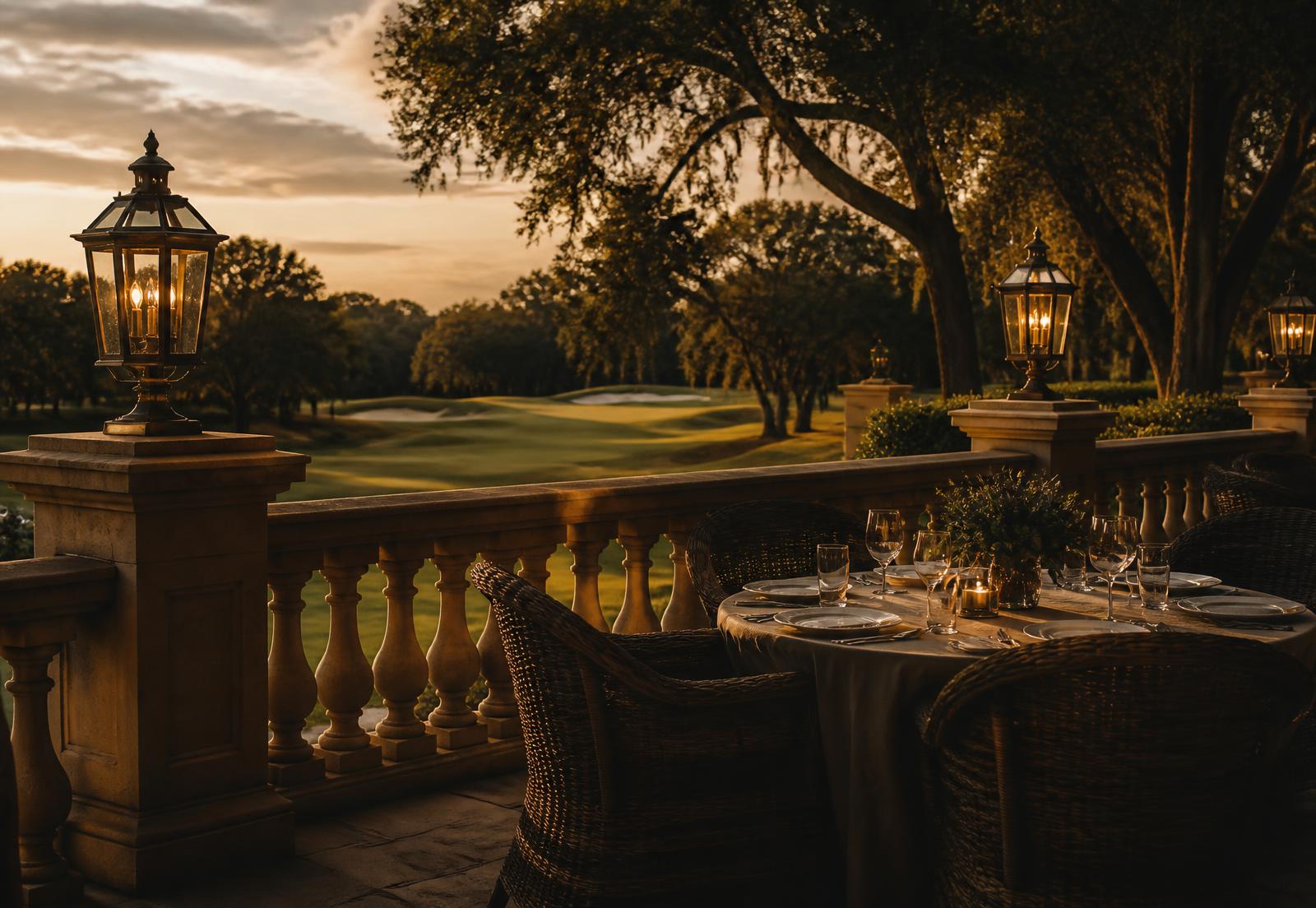 Club terrace at golden hour overlooking the course
